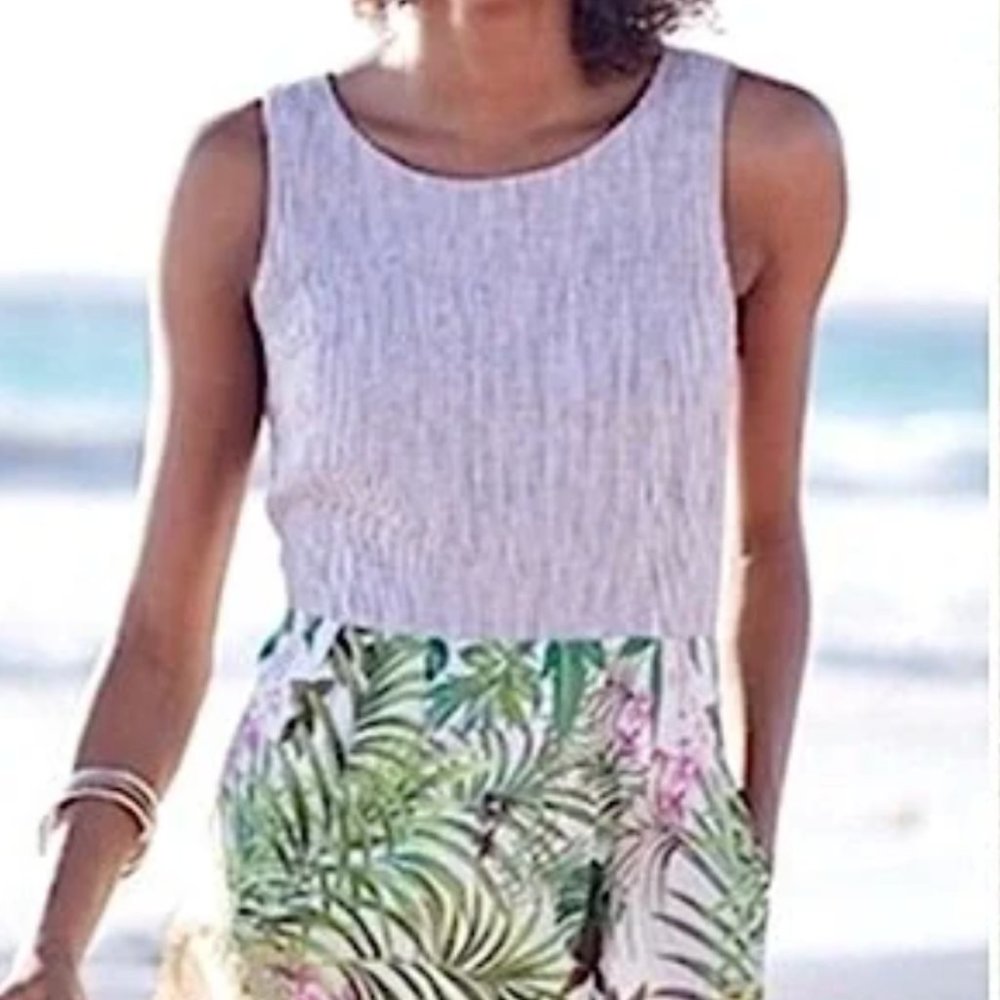 J. Jill Linen Cotten Mixed Print Sleeveless Tropical Dress Size M